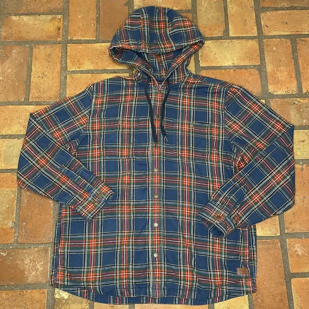 LL Bean Flannel Hoodie Mens Button Up Shirt Jacket Red Plaid Sz L